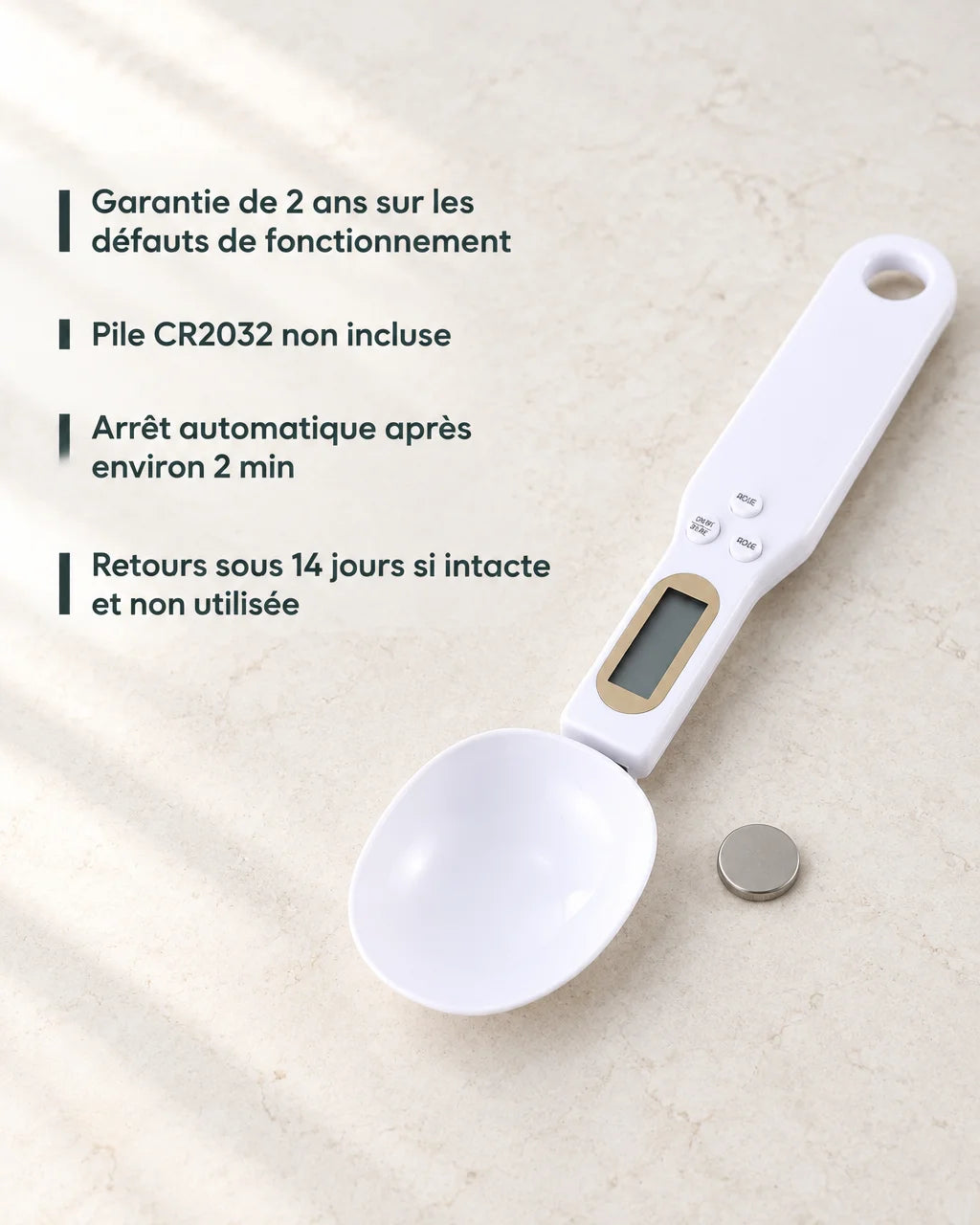 A photo-based facts graphic on a pale limestone kitchen counter: the exact white digital measuring s