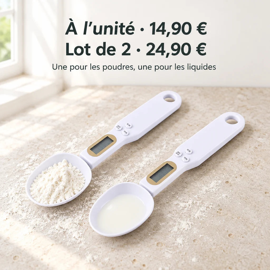 A photo-based offer graphic in a real, pale kitchen. Two matching white digital measuring spoons, ea