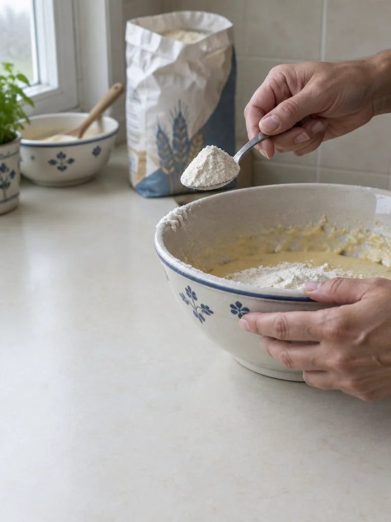 A real kitchen photograph of the old approximate method: a small metal teaspoon carrying an uneven m