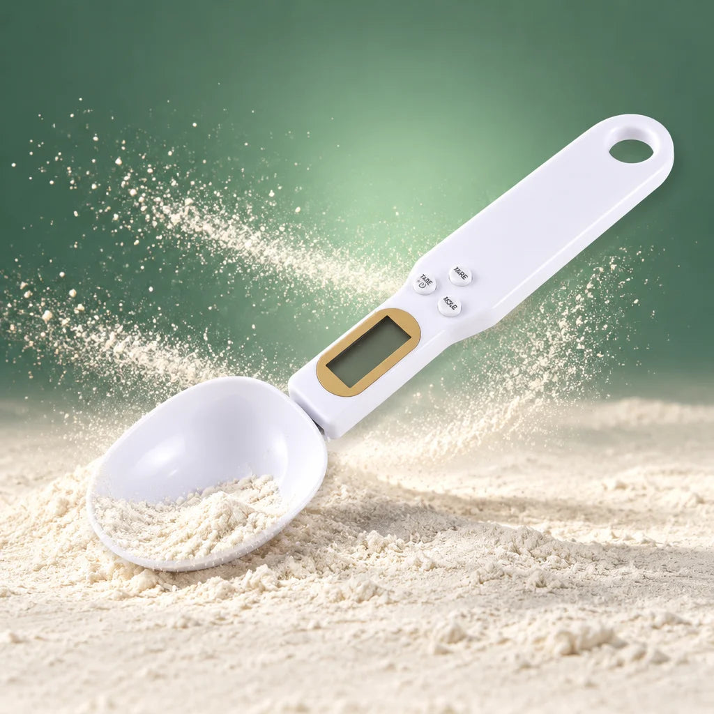A constructed studio photograph of the exact compact white digital measuring spoon, full length and