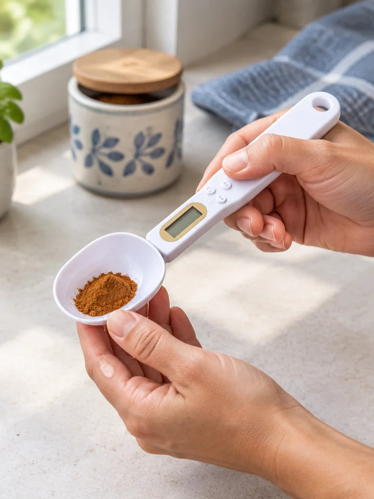 A close real-kitchen photograph of the compact white digital spoon held at normal hand scale, its co