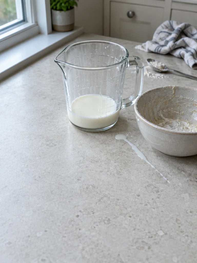 A real, slightly overhead kitchen photograph of a clear measuring glass with a shallow pour of milk