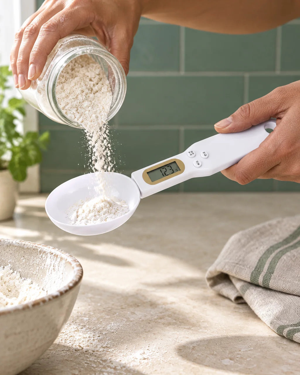 A close, energetic kitchen photograph of the compact glossy white digital measuring spoon, its oval