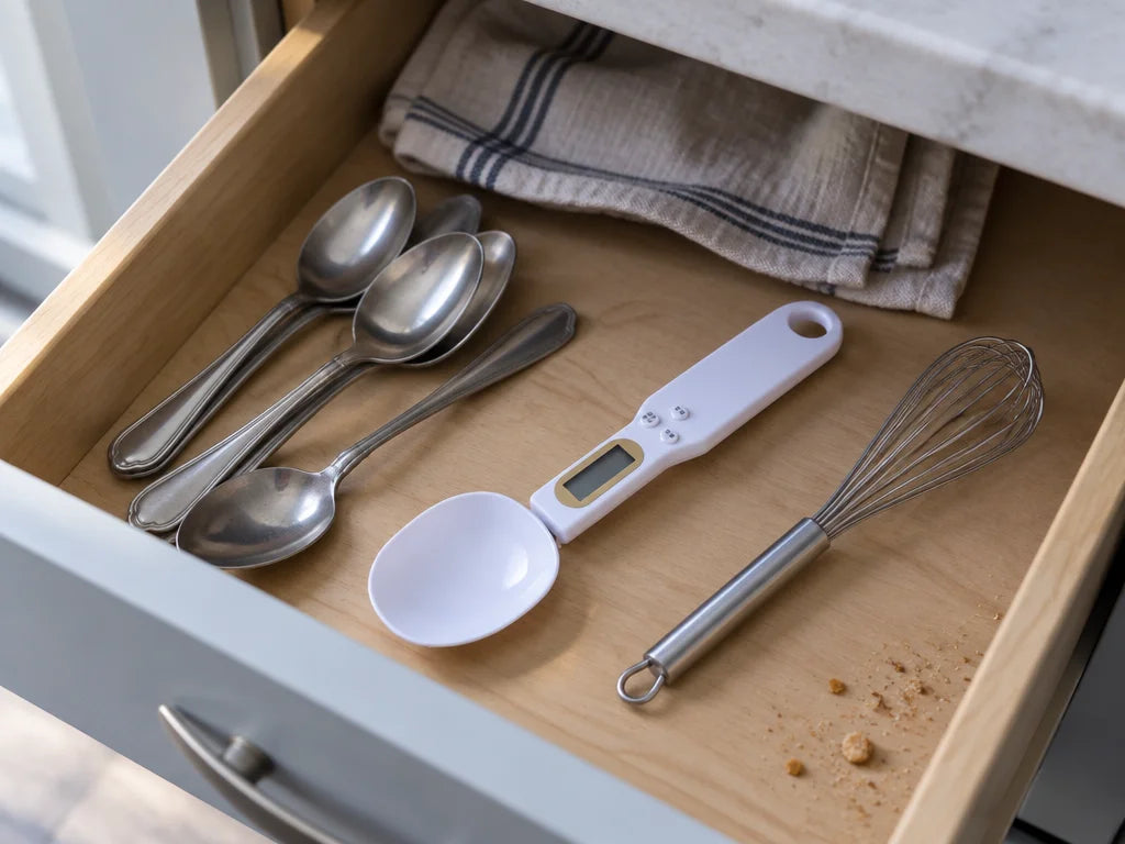 A quiet overhead view into a real kitchen drawer after use: the clean white digital measuring spoon