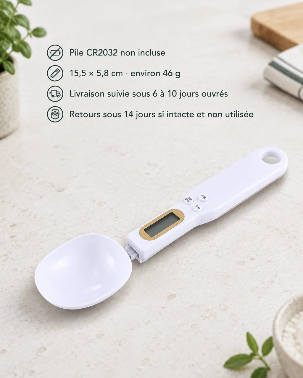 A clear photo-based information graphic in a real pale kitchen. The exact white digital measuring sp