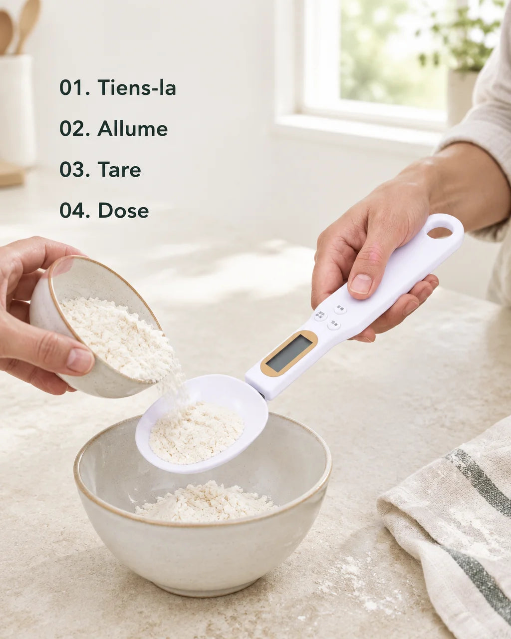 A photo-based instructional graphic set in a pale everyday kitchen. The compact white digital measur
