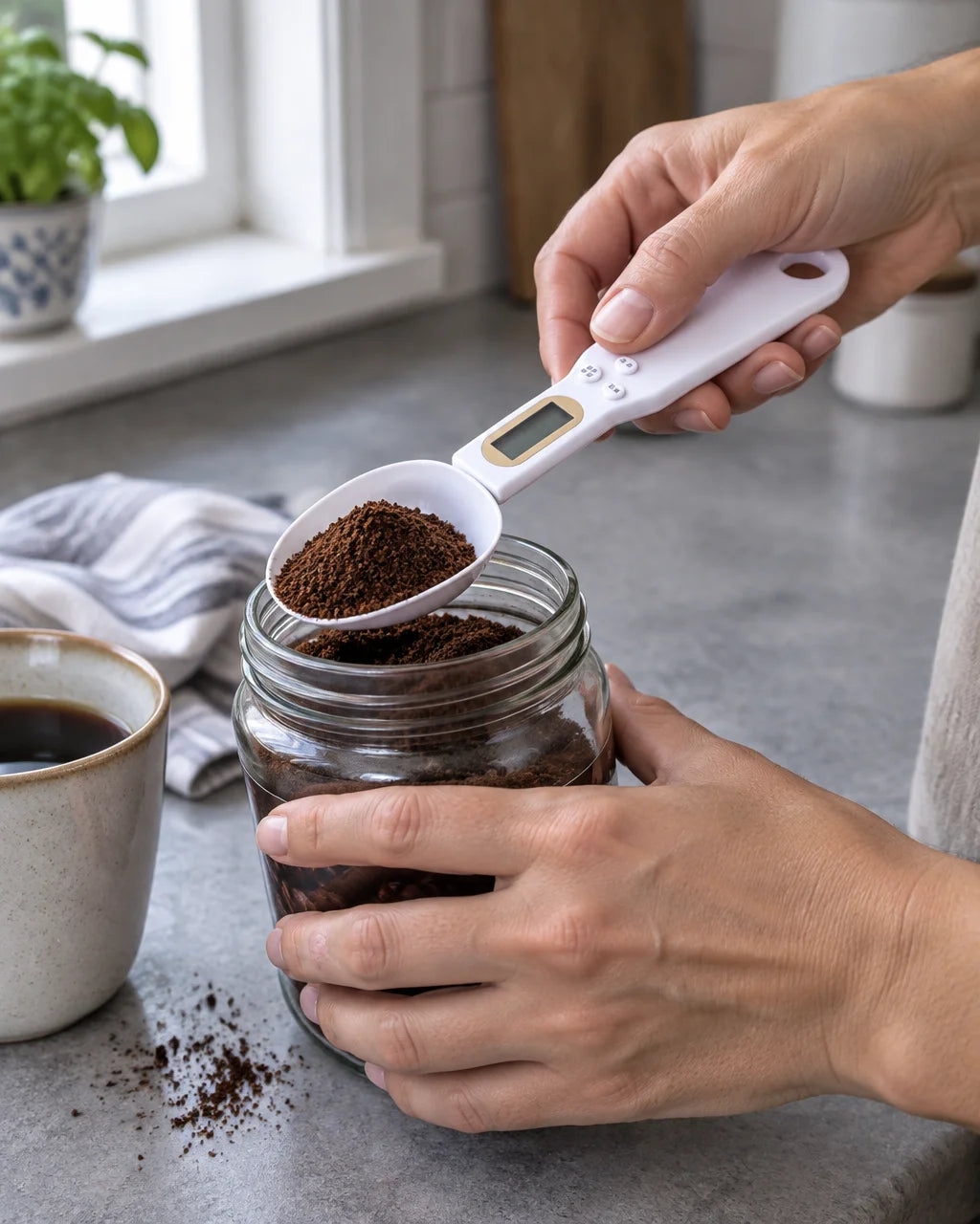 A close real-kitchen action photograph of the exact white measuring spoon scooping a small amount of