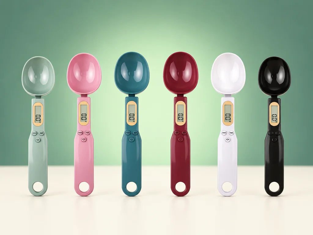 A studio color lineup of six full digital measuring spoons, all in exactly the same upright geometry