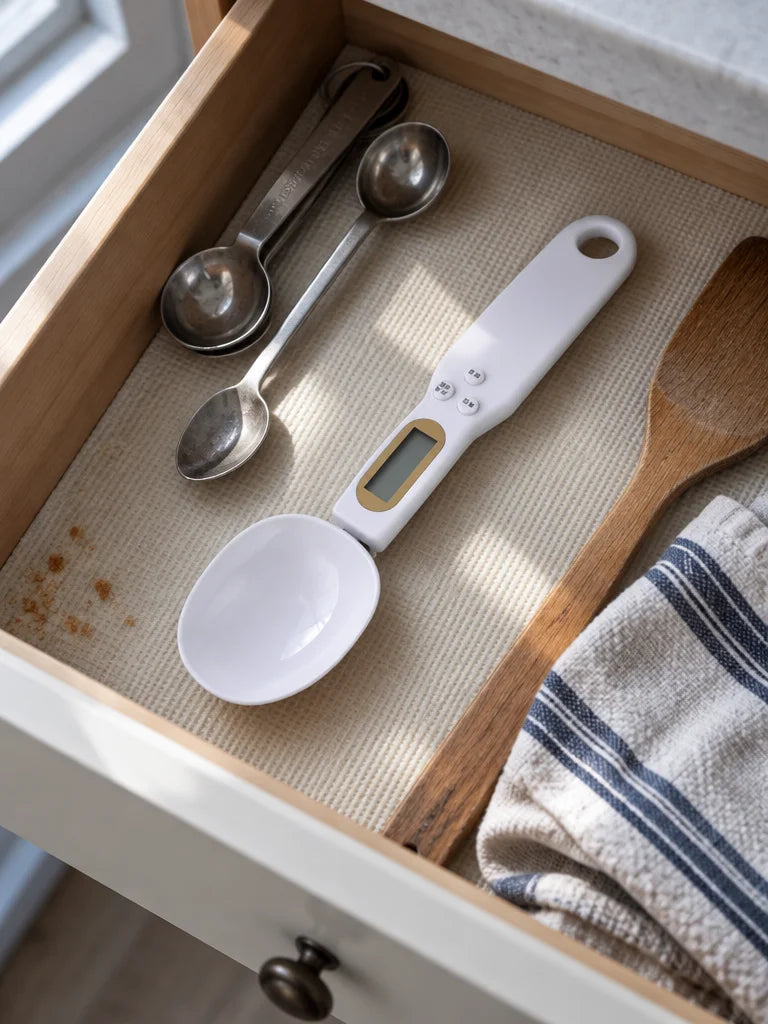 A real overhead view into an ordinary partly open kitchen drawer: the white digital measuring spoon