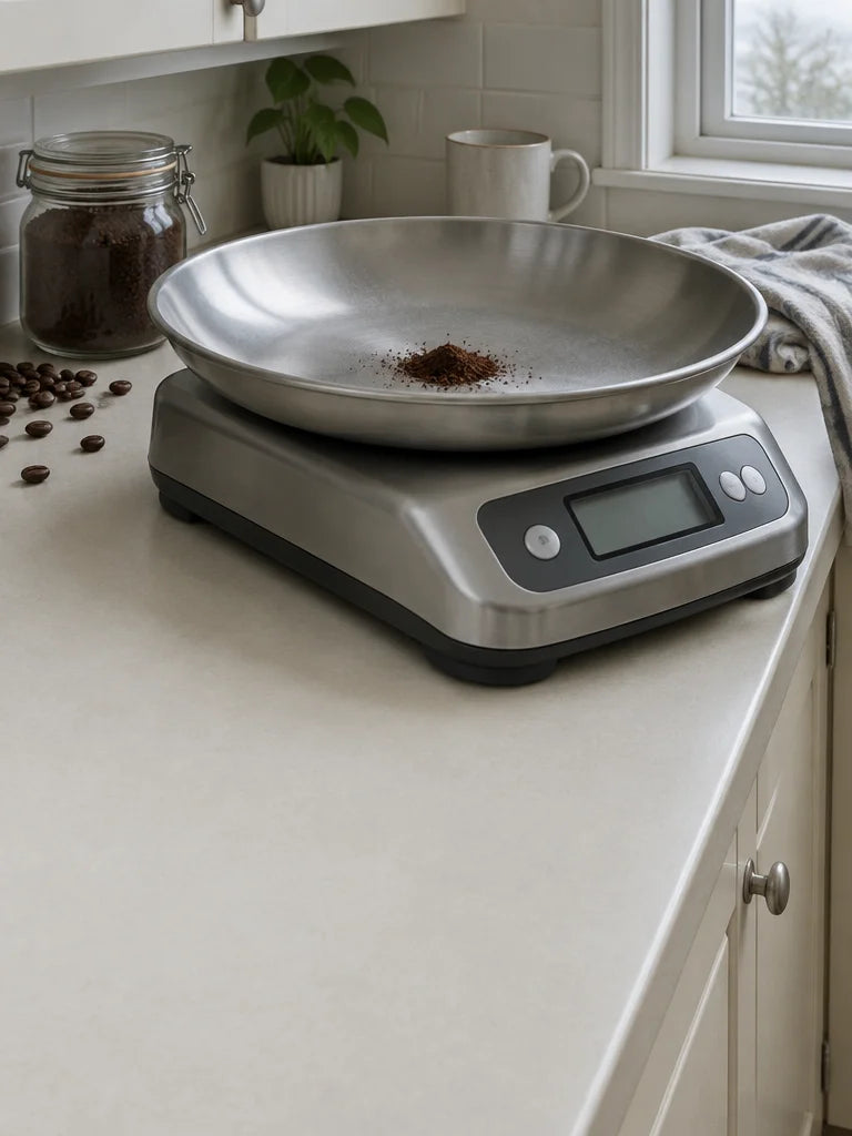 A real kitchen photograph of a bulky conventional digital kitchen scale occupying most of a small co